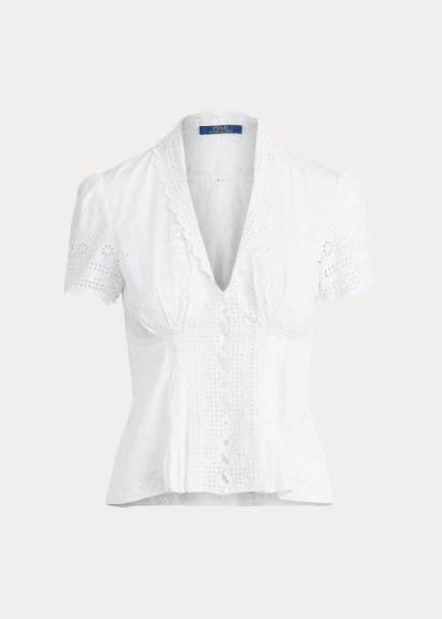 Polo Ralph Lauren Cotton Eyelet Peplum Bluse Dame Danmark (YLMOZ2795)